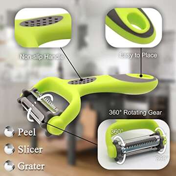 LEVINCHY Peeler 3-in-1 Rotatable Stainless Steel Blade, Work for Vegetable, Carrot and Fruit Peeler, Green
