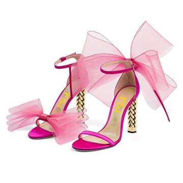 FSJ Women Flower Gold Metal Chain Chunky High Heels Ankle Strap Sandals Open Toe Fashion Party Shoes Size 6 Pink Mesh