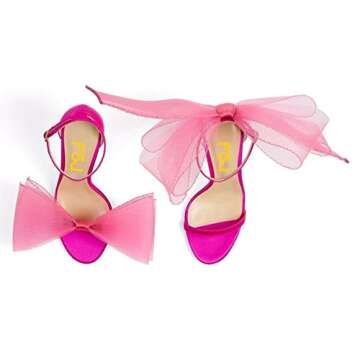 FSJ Women Flower Gold Metal Chain Chunky High Heels Ankle Strap Sandals Open Toe Fashion Party Shoes Size 6 Pink Mesh