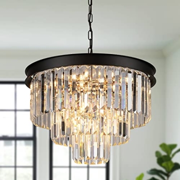 A AXILIXI Black Crystal Chandeliers Modern Round Chandeliers 20" Dimmable 9 Lights Ceiling Pendant L...