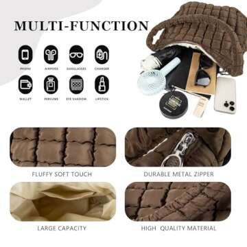 Quilted Puffer Tote Bag Large Crossbody Shoulder Bag with Zipper, Nylon Bubble Hobo Bags Travel Top Handle Handbag for Women, Oversized Padding Quilted Bag Soft Large Carryall Bag (Brown)