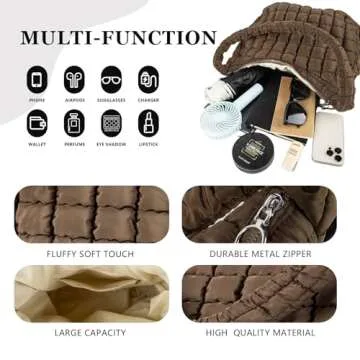Quilted Puffer Tote Bag Large Crossbody Shoulder Bag with Zipper, Nylon Bubble Hobo Bags Travel Top Handle Handbag for Women, Oversized Padding Quilted Bag Soft Large Carryall Bag (Brown)