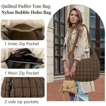 Quilted Puffer Tote Bag Large Crossbody Shoulder Bag with Zipper, Nylon Bubble Hobo Bags Travel Top Handle Handbag for Women, Oversized Padding Quilted Bag Soft Large Carryall Bag (Brown)