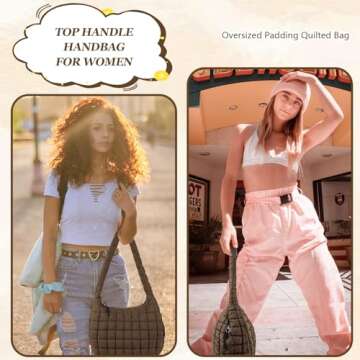 Quilted Puffer Tote Bag Large Crossbody Shoulder Bag with Zipper, Nylon Bubble Hobo Bags Travel Top Handle Handbag for Women, Oversized Padding Quilted Bag Soft Large Carryall Bag (Brown)