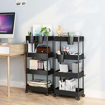 AIYAKA 4-Tier Rolling Utility Cart, with Wheels Multifunctional Storage Organizer, for Kitchen, Office, Home, School, Black