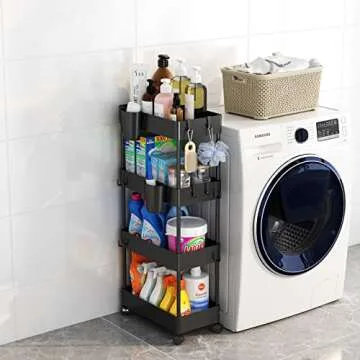 AIYAKA 4-Tier Rolling Utility Cart, with Wheels Multifunctional Storage Organizer, for Kitchen, Office, Home, School, Black