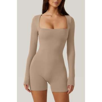 QINSEN Womens Long Sleeve Square Neck Unitard Bodycon Stretch Shorts Jumpsuit Rompers Affogato M
