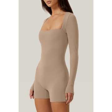QINSEN Womens Long Sleeve Square Neck Unitard Bodycon Stretch Shorts Jumpsuit Rompers Affogato M