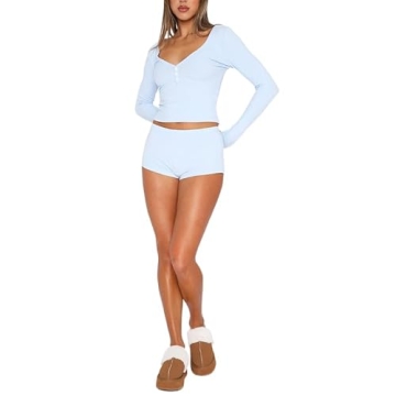 DSORVICD Women Y2k 2 Piece Outfit Fashion Round Neck Long Sleeve Crop Top Low Waist Slim Fit Shorts ...