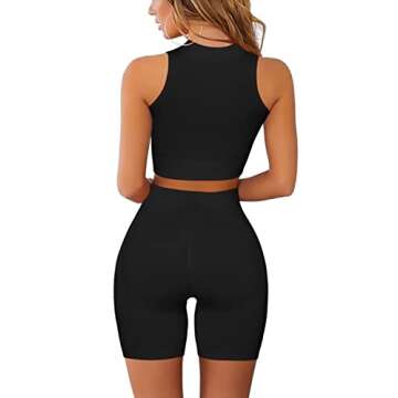QINSEN Women's Zip Up Sport Shirt Ruched Back High Waist Seamless Bodycon Shorts Sets GMY 2 Piece Outfits Black L