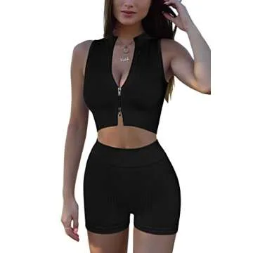 QINSEN Women's Zip Up Sport Shirt Ruched Back High Waist Seamless Bodycon Shorts Sets GMY 2 Piece Outfits Black L