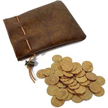 50 DND Fantasy Metal Gold Coins & Leather Pouch for Dungeons & Dragons Novelty Tabletop RPG Board Games Tokens Treasure Coins for Party Tablelap Games Accessories Addons Medieval Game