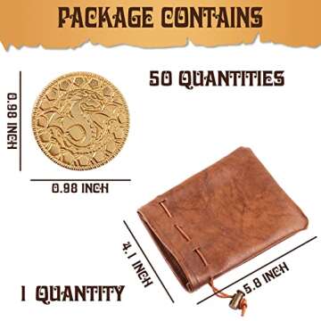 50 DND Fantasy Metal Gold Coins & Leather Pouch for Dungeons & Dragons Novelty Tabletop RPG Board Games Tokens Treasure Coins for Party Tablelap Games Accessories Addons Medieval Game