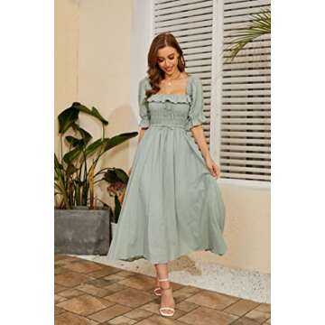 R.YIposha Women Vintage Elastic Square Neck Ruffled Half Sleeve Summer Backless Beach Flowy Maxi Dresses,8-10,Green