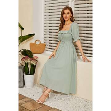 R.YIposha Women Vintage Elastic Square Neck Ruffled Half Sleeve Summer Backless Beach Flowy Maxi Dresses,8-10,Green