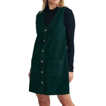 YEXPINE Women's Corduroy Overall Dress V Neck Button Jumper Short Dress Casual Loose Mini Pinafore D...