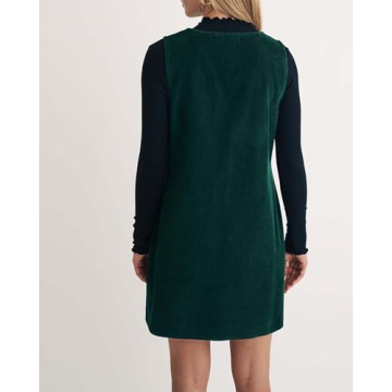 YEXPINE Women's Corduroy Overall Dress V Neck Button Jumper Short Dress Casual Loose Mini Pinafore Dress Green