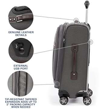 Travelpro Platinum Elite Softside Expandable Carry on Luggage, 8 Wheel Spinner Suitcase, USB Port, Suiter, Men and Women, Vintage Grey, Carry On 21-Inch