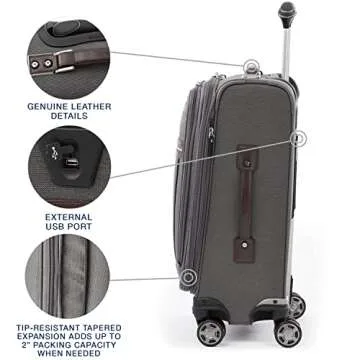 Travelpro Platinum Elite Softside Expandable Carry on Luggage, 8 Wheel Spinner Suitcase, USB Port, Suiter, Men and Women, Vintage Grey, Carry On 21-Inch
