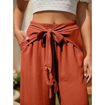 Miessial Women's Summer Tie Front Wide Leg Pants Elastic Waist Casual Pants Beach Palazzo Pants with Fringe Lace up