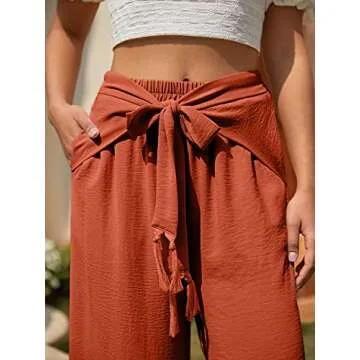 Miessial Women's Summer Tie Front Wide Leg Pants Elastic Waist Casual Pants Beach Palazzo Pants with Fringe Lace up
