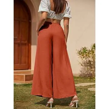 Miessial Women's Summer Tie Front Wide Leg Pants Elastic Waist Casual Pants Beach Palazzo Pants with Fringe Lace up