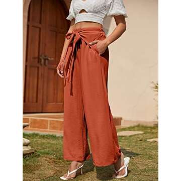 Miessial Women's Summer Tie Front Wide Leg Pants Elastic Waist Casual Pants Beach Palazzo Pants with Fringe Lace up
