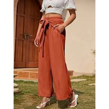 Miessial Women's Summer Tie Front Wide Leg Pants Elastic Waist Casual Pants Beach Palazzo Pants with Fringe Lace up