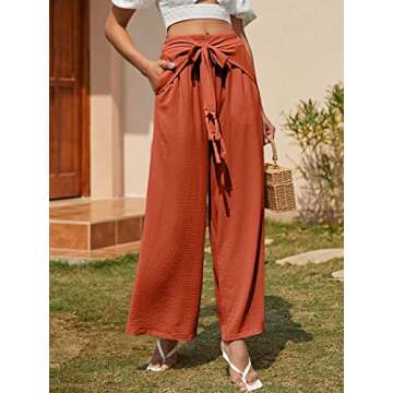 Miessial Women's Summer Tie Front Wide Leg Pants Elastic Waist Casual Pants Beach Palazzo Pants with Fringe Lace up