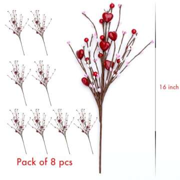 AXYLEX Valentines Day Decorations Floral Picks Stems - 8Pcs,16 Inch Artificial Red Berry Heart Shaped Branches Gift for Wedding Home Vase Decor