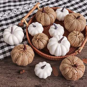 Bunny Chorus Artificial White Pumpkins and Burlap Pumpkins 12 Pcs in Different Sizes, for Fall Thanksgiving Harvest Festival Halloween Holiday, Autumn Theme Party