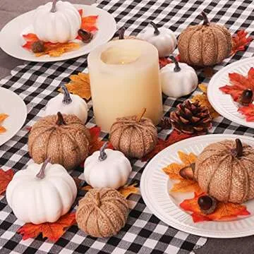 Bunny Chorus Artificial White Pumpkins and Burlap Pumpkins 12 Pcs in Different Sizes, for Fall Thanksgiving Harvest Festival Halloween Holiday, Autumn Theme Party