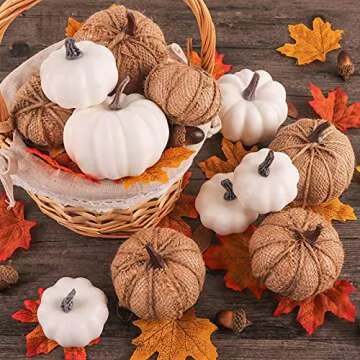 Bunny Chorus Artificial White Pumpkins and Burlap Pumpkins 12 Pcs in Different Sizes, for Fall Thanksgiving Harvest Festival Halloween Holiday, Autumn Theme Party