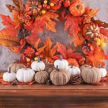 Bunny Chorus Artificial White Pumpkins and Burlap Pumpkins 12 Pcs in Different Sizes, for Fall Thanksgiving Harvest Festival Halloween Holiday, Autumn Theme Party