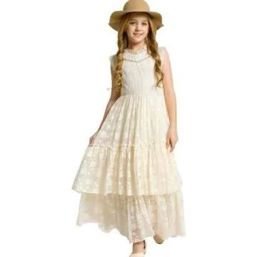 BIBIHOU Girls Kids Lace Back Full-Length Backless Tulle Party Holiday Formal Flower Girl Dress