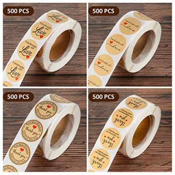 Outus 2000 Pieces Handmade with Love Stickers Roll Thank You Label Kraft Round Adhesive Stickers 4 R...