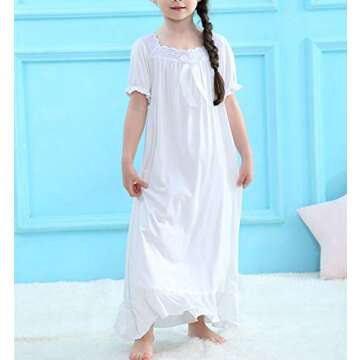 CHUNG Toddler Little Big Girls Modal Nightgowns Soft Princess Short Sleeve Round Square Neck Long Sleep Dress Vintage… (150, 700 White)