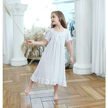 CHUNG Toddler Little Big Girls Modal Nightgowns Soft Princess Short Sleeve Round Square Neck Long Sleep Dress Vintage… (150, 700 White)