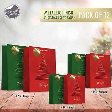 easykart labels 12 Christmas Gift Bags, Red & Green Metallic & Texture Finish with Golden & Spot Glo...