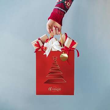 easykart labels 12 Christmas Gift Bags, Red & Green Metallic & Texture Finish with Golden & Spot Gloss Xmas Tree, Assorted Sizes With Handle (4 Extra Large 16", 4 Large 12", 4 Medium 9")