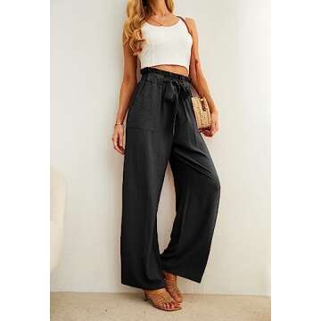 IWOLLENCE Women's Wide Leg Pants with Pockets High Waist Adjustable Knot Loose Casual Trousers Business Work Casual Pants Black X-Large