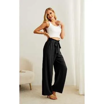 IWOLLENCE Women's Wide Leg Pants with Pockets High Waist Adjustable Knot Loose Casual Trousers Business Work Casual Pants Black X-Large