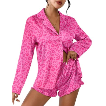 Ekouaer Women's Satin Pajama Set - Long Sleeve Top and Shorts Sleepwear
