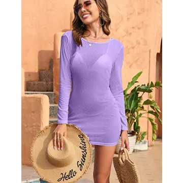 Kaximil Women's Sexy Swimsuit Cover Ups Long Sleeve Backless Swimwear Coverup Beach Dress, Small, Purple