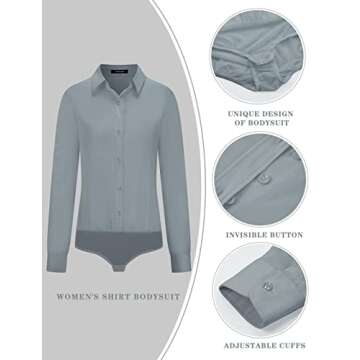 Tapata Womens Bodysuit Blouse Button Down One-Piece Long Sleeve Solid Office Work Shirt Casual Tops, Light Grey, Medium
