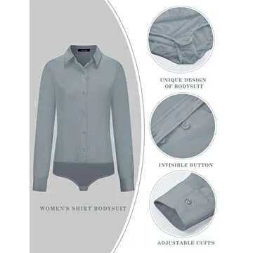 Tapata Womens Bodysuit Blouse Button Down One-Piece Long Sleeve Solid Office Work Shirt Casual Tops, Light Grey, Medium
