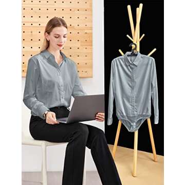 Tapata Womens Bodysuit Blouse Button Down One-Piece Long Sleeve Solid Office Work Shirt Casual Tops, Light Grey, Medium