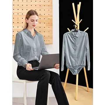 Tapata Womens Bodysuit Blouse Button Down One-Piece Long Sleeve Solid Office Work Shirt Casual Tops, Light Grey, Medium