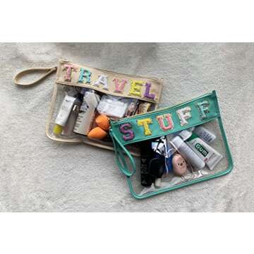 HAIBOLAN Chenille Letter Clear Bag Purse Transparent Waterproof Cosmetic Makeup Travel Patch Pouch for Women Girl Teens Ladies (small-travel)