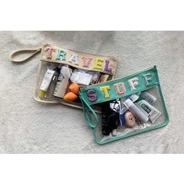 HAIBOLAN Chenille Letter Clear Bag Purse Transparent Waterproof Cosmetic Makeup Travel Patch Pouch for Women Girl Teens Ladies (small-travel)